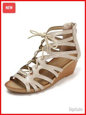Faux Leather Hollow Wedge Roman Sandals with Back Zipper Peep Toe Lace-Up Dressy